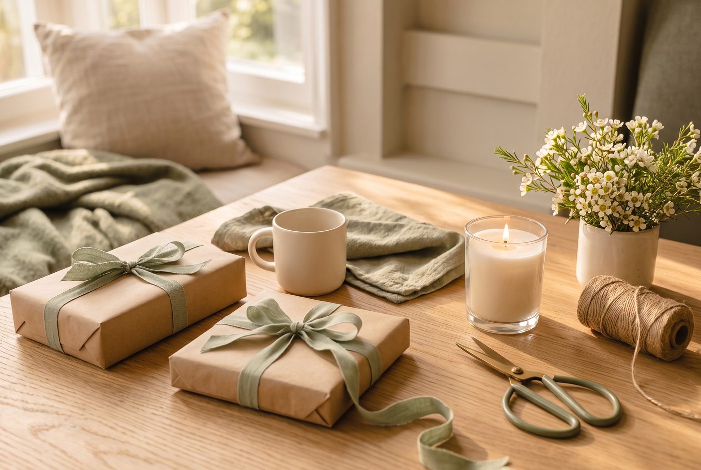 Zwei Geschenke in braunem Naturpapier mit salbeigrünem Band auf einem Tisch aus heller Eiche, daneben eine Keramiktasse, eine Kerze und weiße Blumen