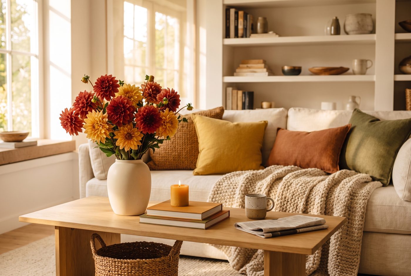 Helles Wohnzimmer im Herbst mit cremefarbenem Leinensofa, Kissen in Senfgelb, Rost und Oliv, Strickdecke und einem Strauß Dahlien auf dem Eichentisch