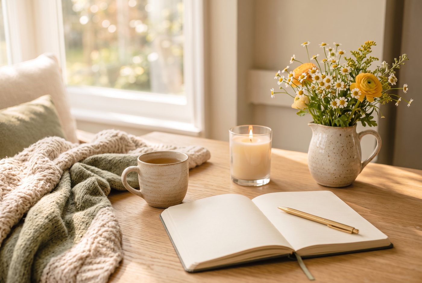 Aufgeschlagenes Notizbuch mit leeren Seiten und goldenem Stift auf einem hellen Holztisch, daneben Tee, eine brennende Kerze und weiße Wiesenblumen