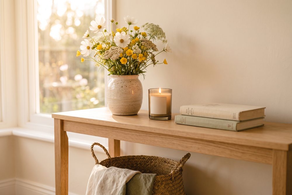 Schmale Konsole aus heller Eiche mit Blumenvase, brennender Kerze, Büchern und einem Korb darunter