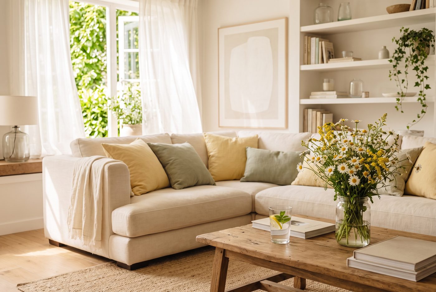 Helles sommerliches Wohnzimmer mit cremefarbenem Leinensofa, luftigen Vorhängen am offenen Fenster und weißen Margeriten in einem Glas